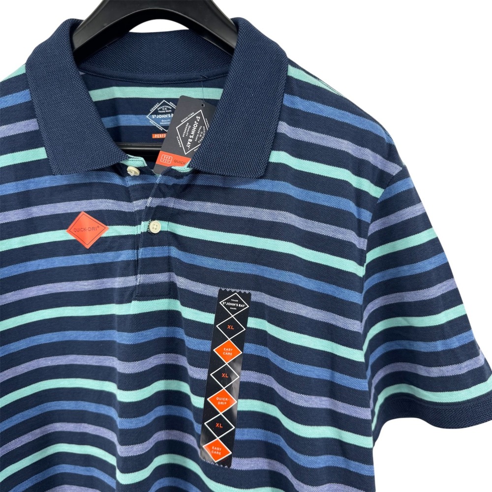 St. Johns Bay Polo Shirt Mens XL‎ Navy Multi Stripe Quick-Dri Performance New